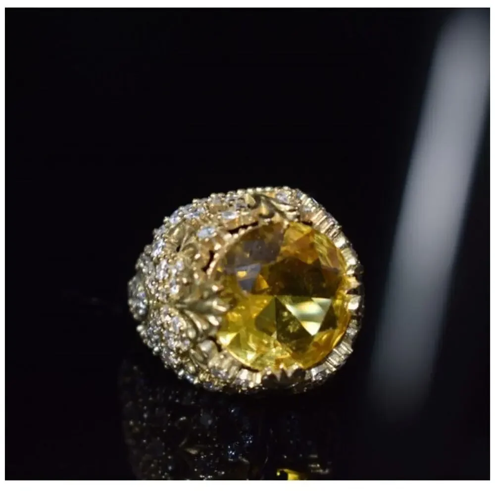 925 Sterling Silver Yellow Alpanite & CZ Ring Size 8 Turkey